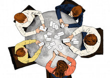 image of a family sitting around the table sorting The Family and Business Values Cards